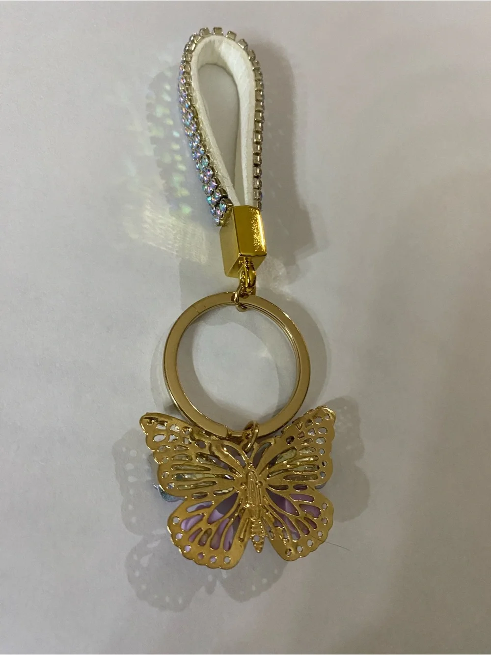 Gold-Tone Keyring Wristlet with Purple Crystal Butterfly Charm